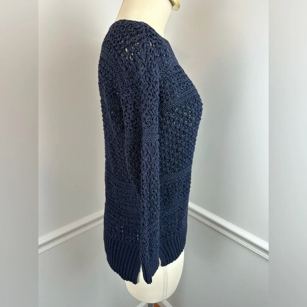 LOFT Navy Textured Open Stitch Knit Pullover Sweater | Size XS